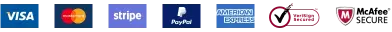 Payment Methods - Visa, Mastercard, Stripe, PayPal, American Express, Verisign Secured, McAfee Secure